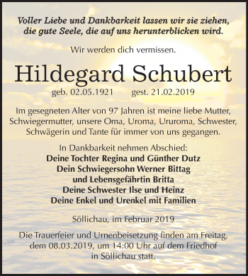 Traueranzeige von Hildegard Schubert von Mitteldeutsche Zeitung