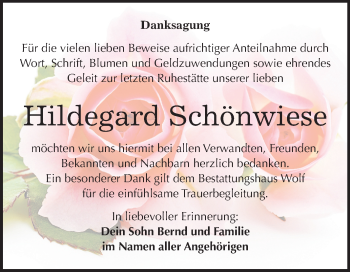 Traueranzeige von Hildegard Schönwiese von Mitteldeutsche Zeitung Weißenfels