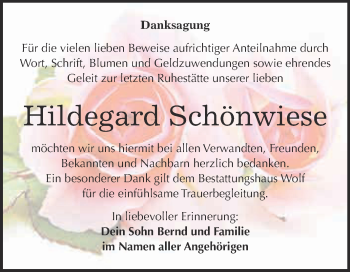 Traueranzeige von Hildegard Schönwiese von WVG - Wochenspiegel NMB / WSF / ZTZ