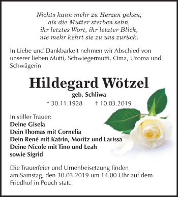 Traueranzeige von Hildegard Wötzel von Mitteldeutsche Zeitung Bitterfeld