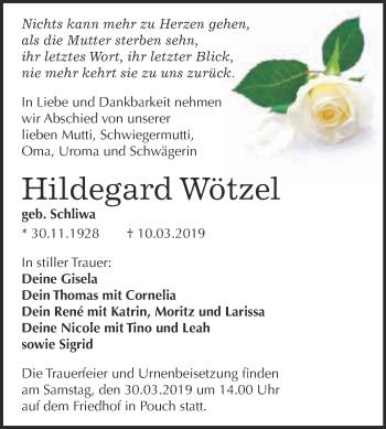 Traueranzeige von Hildegard Wötzel von WVG - Wochenspiegel Bitterfeld