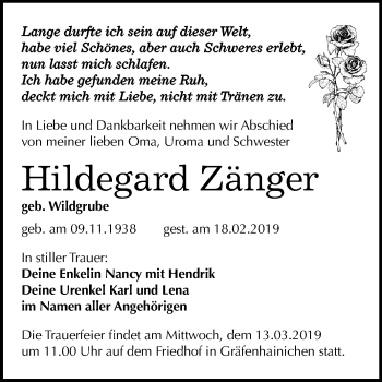 Traueranzeige von Hildegard Zänger von Mitteldeutsche Zeitung