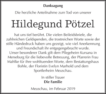 Traueranzeige von Hildegund Pötzel von Super Sonntag Merseburg