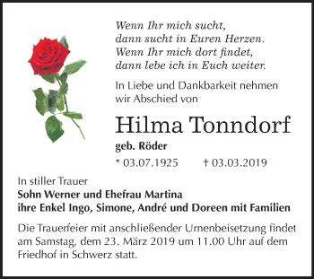 Traueranzeige von Hilma Tonndorf von Mitteldeutsche Zeitung Halle/Saalkreis