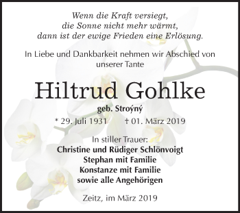 Traueranzeige von Hiltrud Gohlke von Mitteldeutsche Zeitung