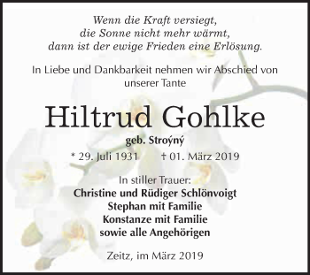 Traueranzeige von Hiltrud Gohlke von WVG - Wochenspiegel NMB / WSF / ZTZ