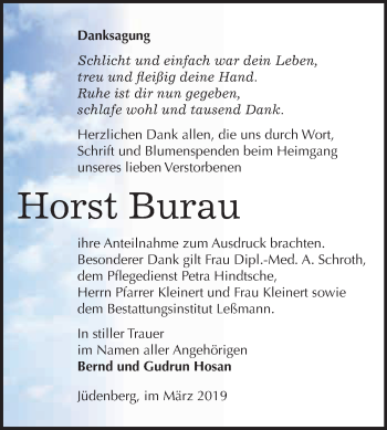 Traueranzeige von Horst Burau von WVG - Wochenspiegel Wittenberg
