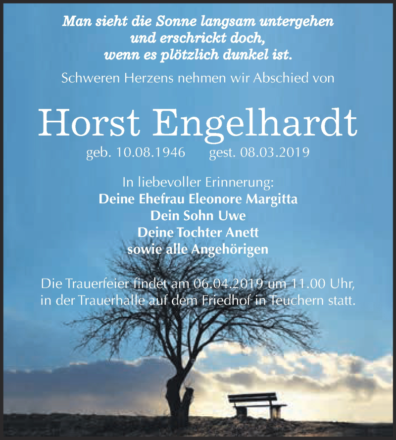  Traueranzeige für Horst Engelhardt vom 18.03.2019 aus WVG - Wochenspiegel NMB / WSF / ZTZ