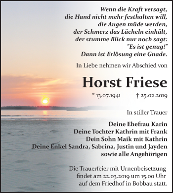 Traueranzeige von Horst Friese von Mitteldeutsche Zeitung Bitterfeld