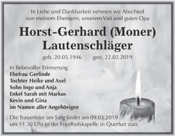 Traueranzeige von Horst-Gerhard Lautenschläger von WVG - Wochenspiegel Merseburg
