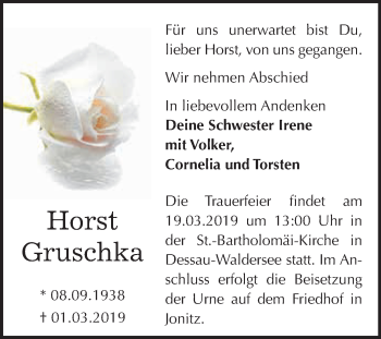 Traueranzeige von Horst Gruschka von WVG - Wochenspiegel Dessau / Köthen