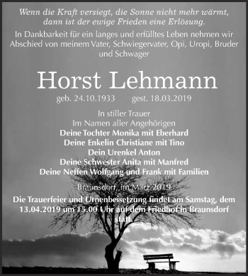 Traueranzeige von Horst Lehmann von WVG - Wochenspiegel Wittenberg