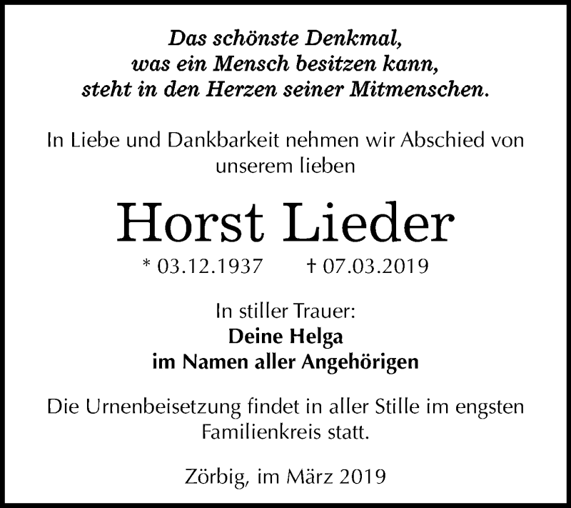  Traueranzeige für Horst Lieder vom 20.03.2019 aus WVG - Wochenspiegel Bitterfeld