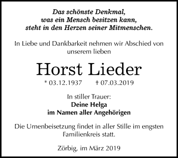 Traueranzeige von Horst Lieder von WVG - Wochenspiegel Bitterfeld