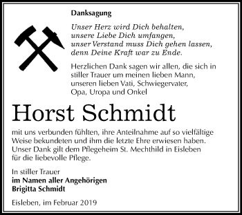 Traueranzeige von Horst Schmidt von Wochenspiegel Mansfelder Land