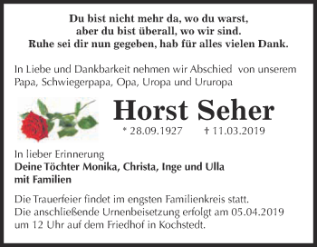 Traueranzeige von Horst Seher von WVG - Wochenspiegel Dessau / Köthen