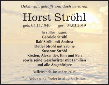 Traueranzeige von Horst Ströhl von WVG - Wochenspiegel Quedlinburg