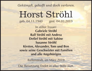 Traueranzeige von Horst Ströhl von Super Sonntag Aschersleben