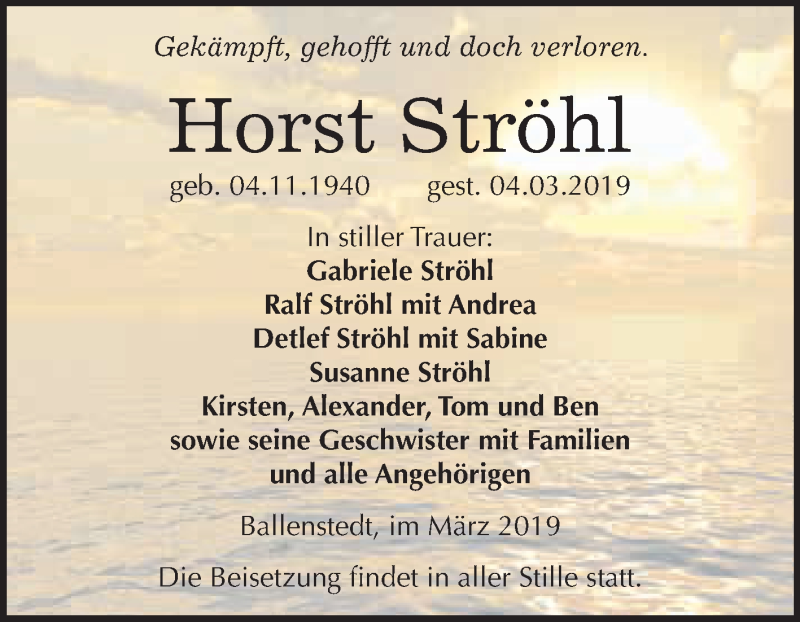  Traueranzeige für Horst Ströhl vom 16.03.2019 aus Super Sonntag Aschersleben
