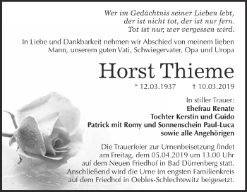 Traueranzeige von Horst Thieme von Super Sonntag Merseburg