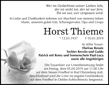 Traueranzeige von Horst Thieme von Mitteldeutsche Zeitung Merseburg/Querfurt