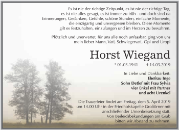 Traueranzeige von Horst Wiegand von Super Sonntag SGH Mansf. Land