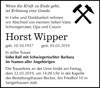 Traueranzeige von Horst Wipper von Super Sonntag SGH Mansf. Land