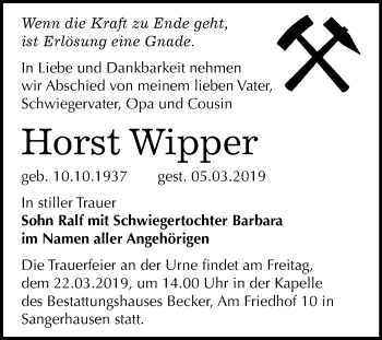 Traueranzeige von Horst Wipper von Mitteldeutsche Zeitung Sangerhausen