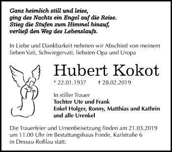 Traueranzeige von Hubert Kokot von WVG - Wochenspiegel Dessau / Köthen