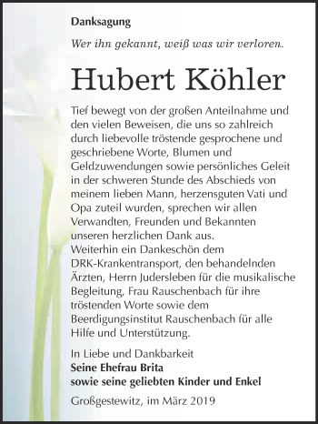 Traueranzeige von Hubert Köhler von WVG - Wochenspiegel NMB / WSF / ZTZ