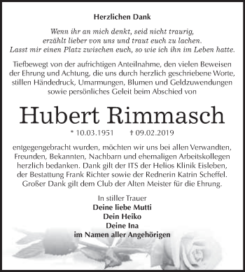 Traueranzeige von Hubert Rimmasch von Super Sonntag SGH Mansf. Land
