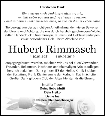 Traueranzeige von Hubert Rimmasch von Mitteldeutsche Zeitung