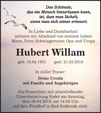 Traueranzeige von Hubert Willam von WVG - Wochenspiegel Quedlinburg