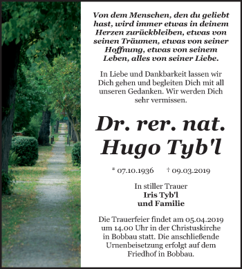 Traueranzeige von Hugo Tyb'l von WVG - Wochenspiegel Bitterfeld