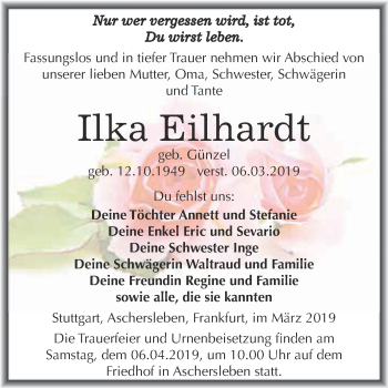 Traueranzeige von Ilka Eilhardt von Super Sonntag Aschersleben