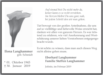 Traueranzeige von Ilona Langhammer von WVG - Wochenspiegel Bitterfeld