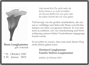 Traueranzeige von Ilona Langhammer von Mitteldeutsche Zeitung