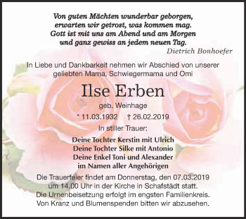 Traueranzeige von Ilse Erben von WVG - Wochenspiegel Merseburg