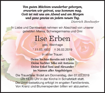Traueranzeige von Ilse Erben von Mitteldeutsche Zeitung Merseburg/Querfurt