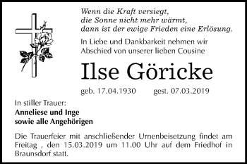 Traueranzeige von Ilse Göricke von Mitteldeutsche Zeitung