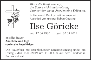Traueranzeige von Ilse Göricke von Super Sonntag Wittenberg