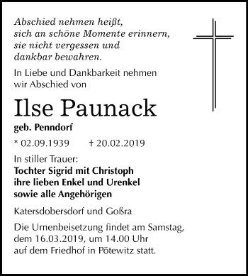 Traueranzeige von Ilse Paunack von Mitteldeutsche Zeitung Zeitz