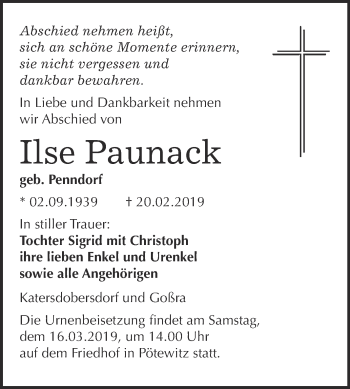 Traueranzeige von Ilse Paunack von WVG - Wochenspiegel NMB / WSF / ZTZ