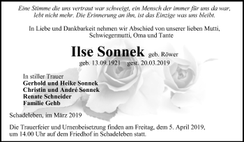 Traueranzeige von Ilse Sonnek von Mitteldeutsche Zeitung Aschersleben