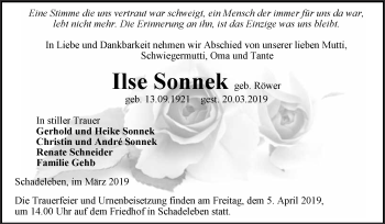 Traueranzeige von Ilse Sonnek von Super Sonntag Aschersleben