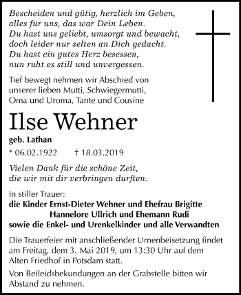 Traueranzeige von Ilse Wehner von Mitteldeutsche Zeitung
