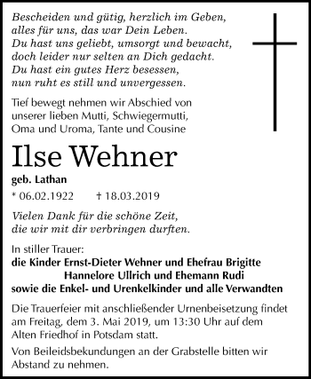 Traueranzeige von Ilse Wehner von Super Sonntag SGH Mansf. Land