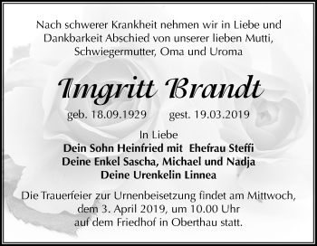 Traueranzeige von Imgritt Brandt von Mitteldeutsche Zeitung Merseburg/Querfurt