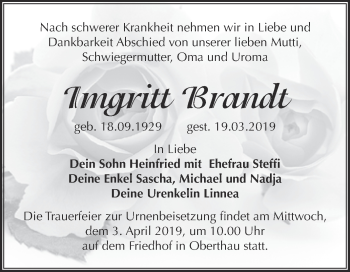 Traueranzeige von Imgritt Brandt von Super Sonntag Merseburg