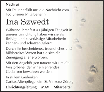 Traueranzeige von Ina Szwedt von WVG - Wochenspiegel Bitterfeld